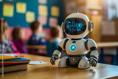 A small robot assisting children in a classroom, helping them solve math problems or teaching new languages through interactive holographic displays. photo