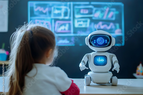 A small robot assisting children in a classroom, helping them solve math problems or teaching new languages through interactive holographic displays. photo