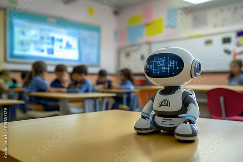 A small robot assisting children in a classroom, helping them solve math problems or teaching new languages through interactive holographic displays. photo