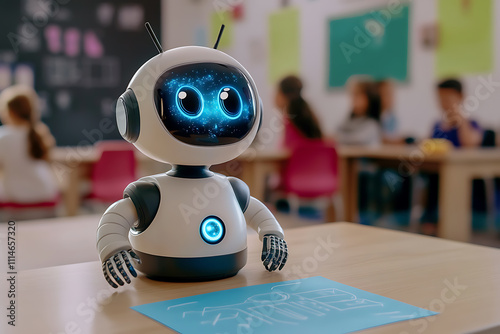 A small robot assisting children in a classroom, helping them solve math problems or teaching new languages through interactive holographic displays. photo