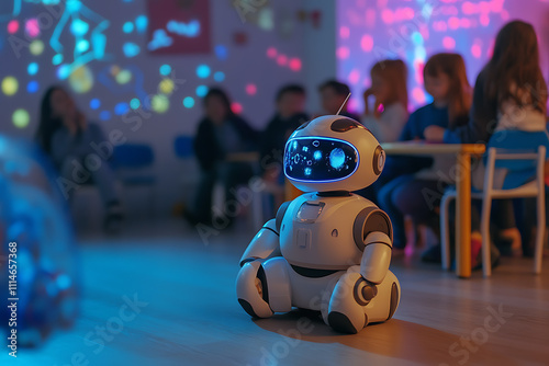 Wallpaper Mural A small robot assisting children in a classroom, helping them solve math problems or teaching new languages through interactive holographic displays. Torontodigital.ca