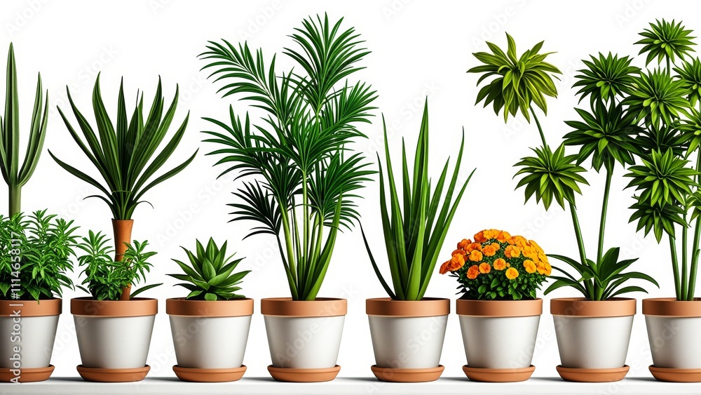 Fototapeta premium Diverse indoor plants in stylish pots: modern home decor inspiration with vibrant foliage
