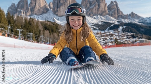 Joyful Girl Skiing in Dolomites Mountains photo