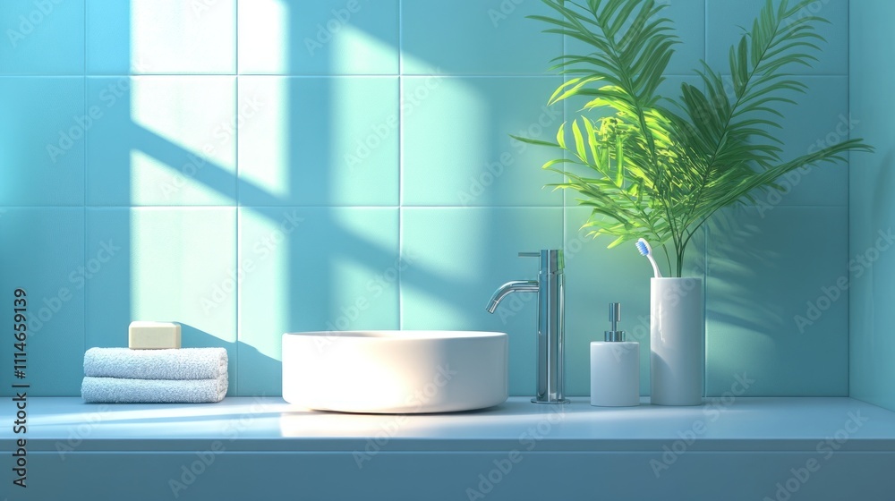 Fototapeta premium Serene Bathroom Oasis: Minimalist Design with Natural Light