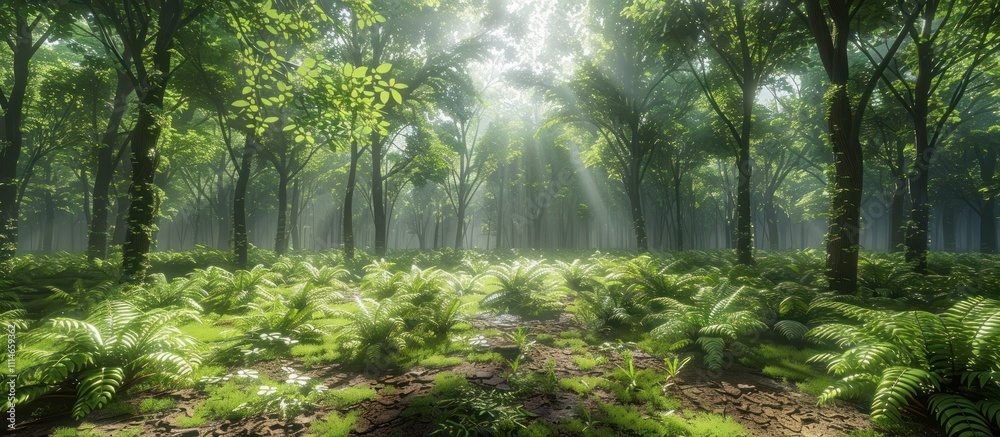 Obraz premium Mystical Enchanted Forest with Lush Overgrown Vegetation and Winding Pathway Serene and Peaceful Natural Landscape with Ferns Mist and Filtered Sunlight in a Tranquil Woodland Setting