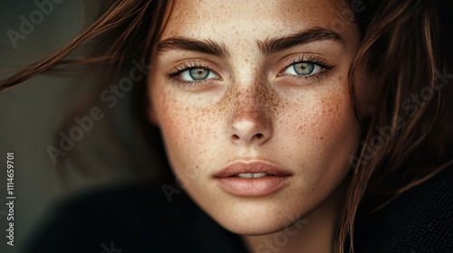 Captivating portrait of a woman with striking green eyes and freckled complexion photo