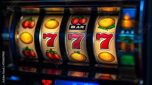 Bright fruit symbols and lucky sevens line up as the exhilarating slot machine spins in a bustling casino atmosphere