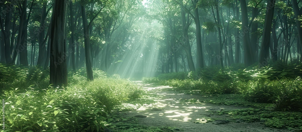Obraz premium Serene forest path bathed in ethereal sunlight inviting visitors to escape the everyday and reconnect with the serenity of nature Lush