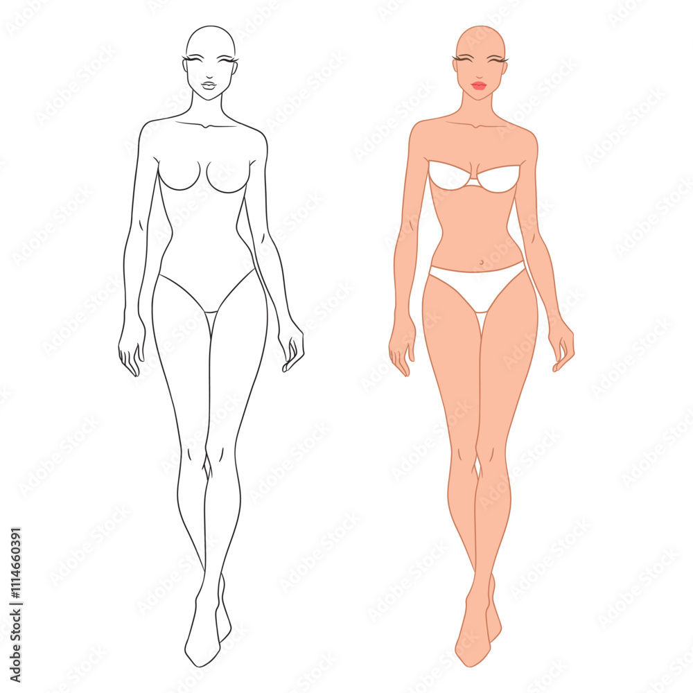 Eight-head fashion figure template. The female fashion croquis. Vector illustration of a young woman wearing lingerie, isolated on a white background. Eight-head fashion figure template. The female fashion croquis. Vector illustration of a young woman wearing lingerie, isolated on a white background.