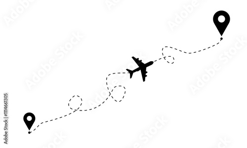 Airplane flight map from takeoff to landing with airplane icon and dotted path on white background