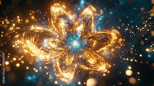 An abstract representation of a luminous flower-like shape, radiating golden and blue light amidst sparkling particles.