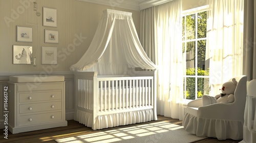 Serene Nursery Interior Design: A White Haven for Baby's Peaceful Slumber photo