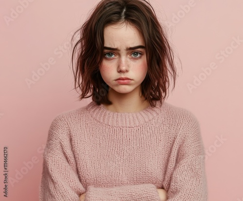 Expressive girl with discontented gaze against pastel backdrop