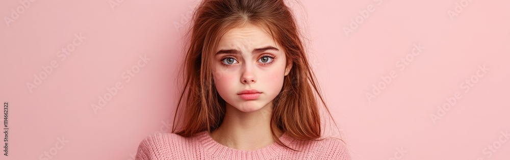 Naklejka premium Young woman with a thoughtful expression against pink backdrop