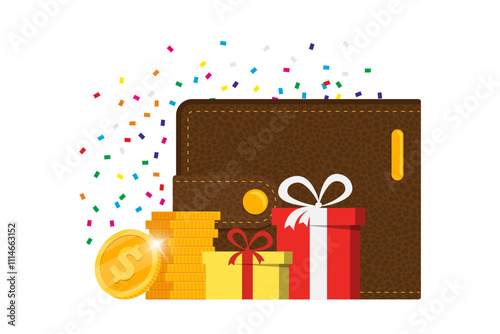 Cashback reward program advertising idea. Coins flowing back into wallet. Promo initiative to collect points and boost savings. Represents earning and saving with loyalty perks. Isolated illustration