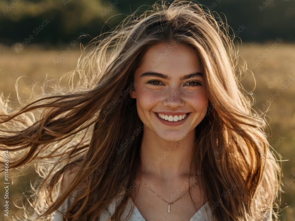 Adolescente mujer joven rubia sonriendo con su largo cabello ondeando al viento
Adolescente mujer joven rubia sonriendo con su largo cabello ondeando al viento