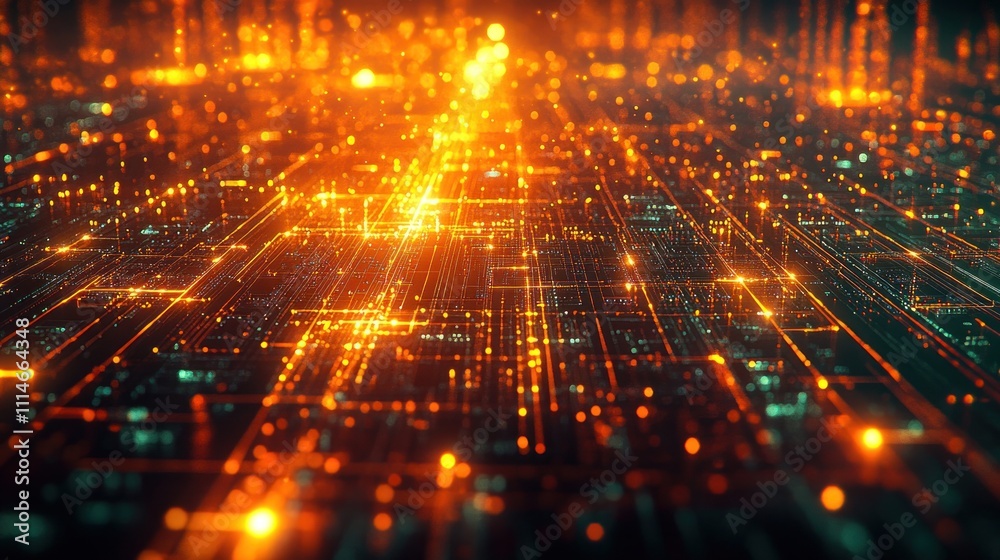 Obraz premium Abstract Digital Network: Glowing Orange Circuitry