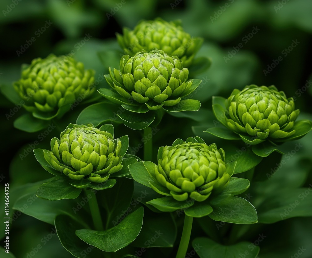 Fototapeta premium Green blooms in lush foliage create a serene garden atmosphere