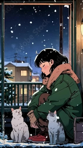 anime girl under snow falling, lofi, snow falling, 4K resolution, peaceful, plant, night, sound, music, 4K Lofi Japanese Anime-style background animation video, christmas lofi, snow falling ambient