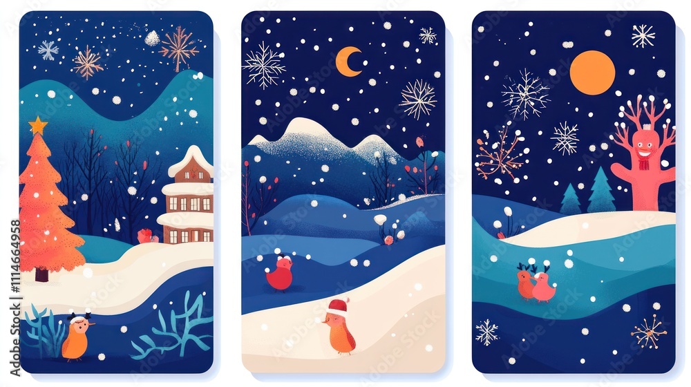 Naklejka premium Winter Wonderland Scenes Featuring Festive Birds And Houses