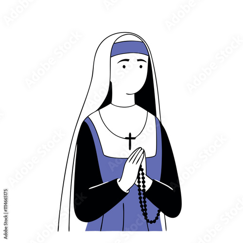 Nun holding rosary beads and praying vector flat illustration