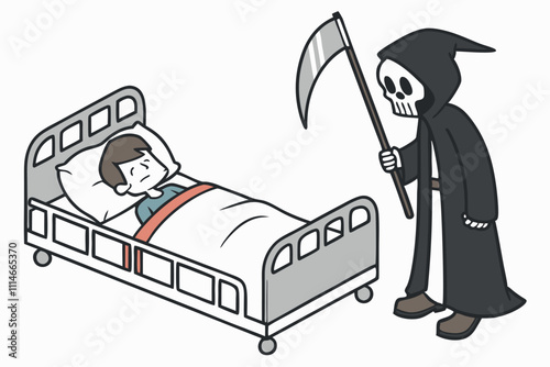Death character in black robe with scythe coming for dying man in hospital vector flat illustration