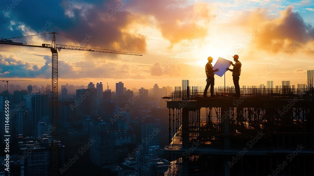 Fototapeta premium Construction Workers Reviewing Plans at Sunset