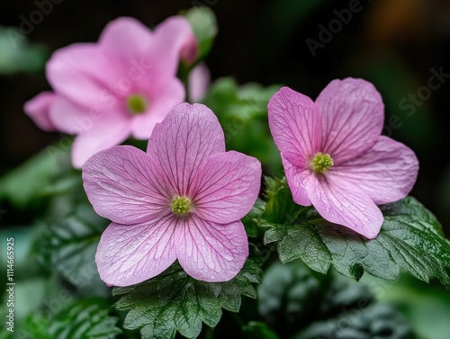 Pink flowers blooming among lush green leaves in springtime