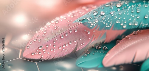 Soft pink and teal feathers covered in glistening dewdrops, floating over a hexagon grid with a swirling time effect.