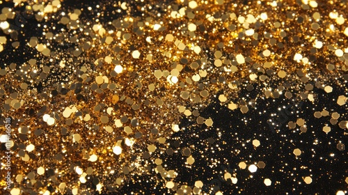 Sparkling golden glitter texture on black, ideal for a luxurious background with radiant highlights.