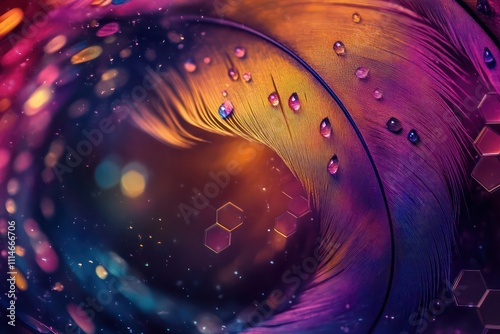 Vibrant feathers with color gradients and droplets, overlaying a mesmerizing vortex with hexagonal light grids.