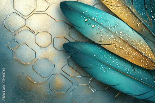 Teal and gold feathers with a gradient effect, glistening with dew, set on a hexagon-patterned vortex background.