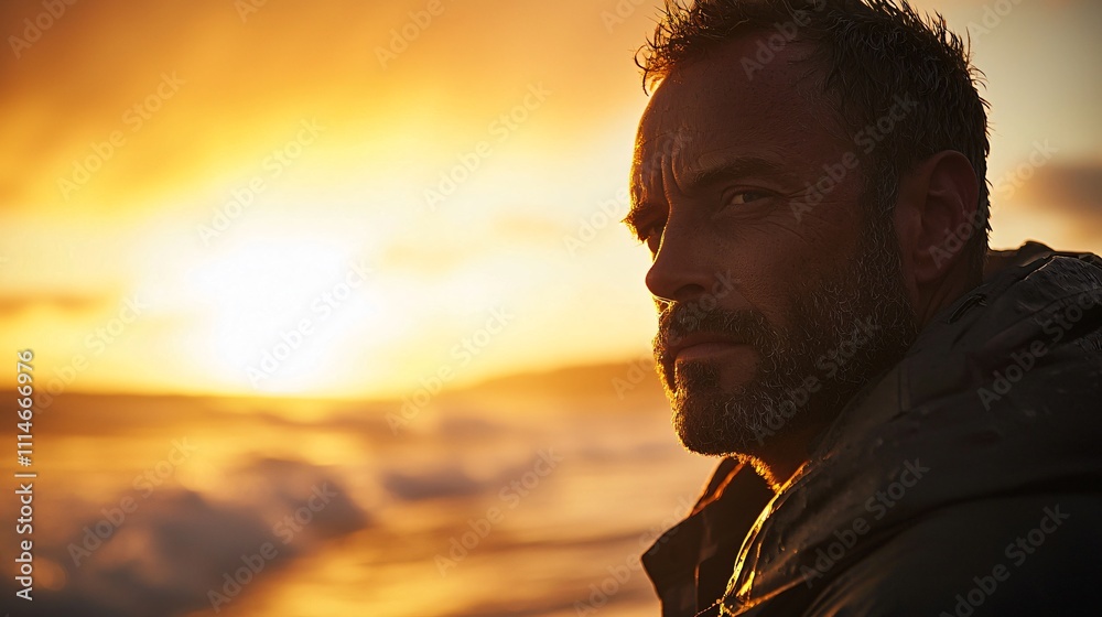 Fototapeta premium Rugged man gazes into sunset over ocean at serene coastal location