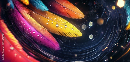 Vibrant feathers with gradients and dewdrops, overlaying a dark swirling vortex with hexagonal light patterns.
