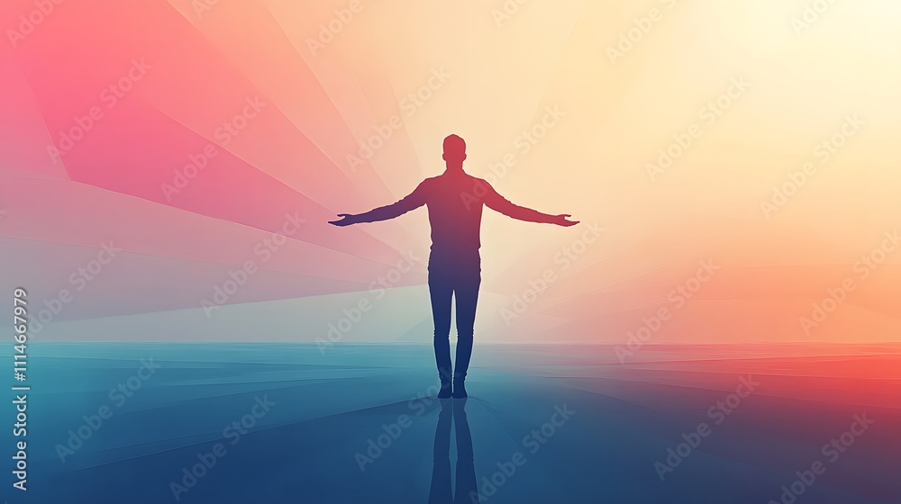 Fototapeta premium Silhouette of person spreading arm in serene abstract landscape with warm gradient background