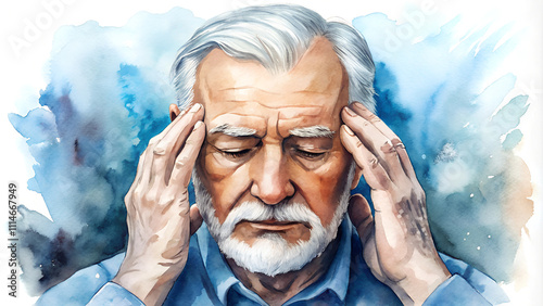 Watercolor illustration of an old man massaging his temples with soothing blue and gray hues, suffering from headache
