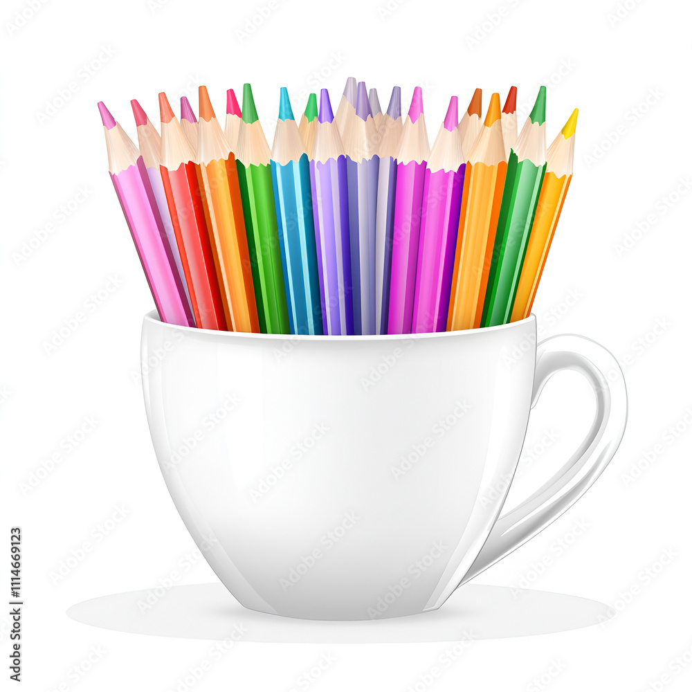 Colorful Pencils in White Cup on White Background for Creative Arts and School Supplies, Ideal for Back to School and Educational Materials Colorful Pencils in White Cup on White Background for Creative Arts and School Supplies, Ideal for Back to School and Educational Materials