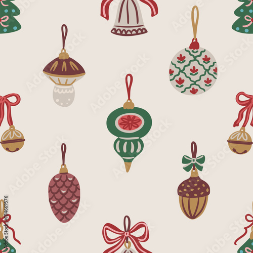 Seamless pattern of hand drawn vintage Christmas ornaments including bells, baubles, pinecones, acorns on beige background. Vector design for wallpaper, textile, wrapping paper, and greeting cards