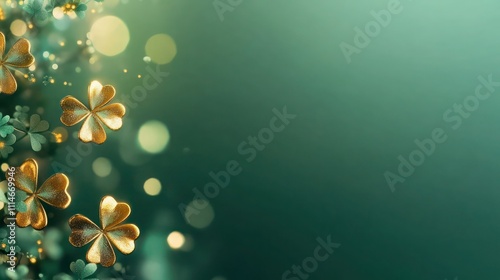 Banner with forest green background, shiny metallic gold clovers, and faint light green bokeh for a St. Patrick's Day invite.