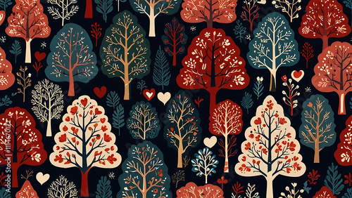 Scandinavian folk art pattern with trees and hearts - ideal for holiday and print design