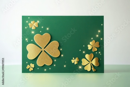 Bright green card template with golden clovers and small sparkling stars on a subtle pastel green background.