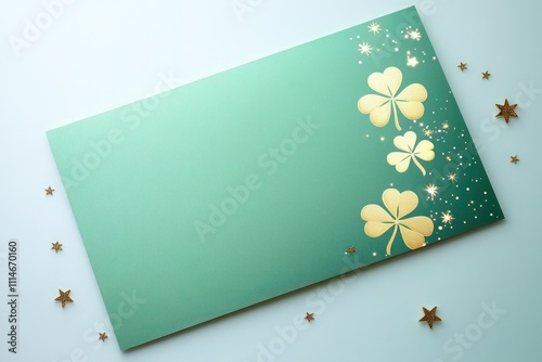 Bright green card template with golden clovers and small sparkling stars on a subtle pastel green background.