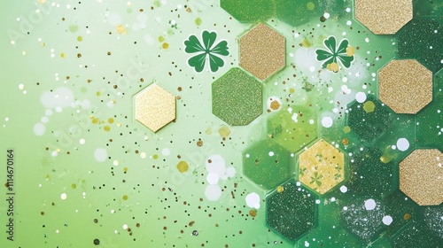 Bright green card with glitter-filled hexagons, gold flecks, and shamrocks for a cheerful St. Patricka??s Day look.