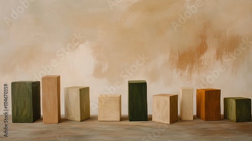 Wooden Blocks in Earthy Tones of Moss Green, Terracotta, and Sand with a Soft Brown Cream Background photo