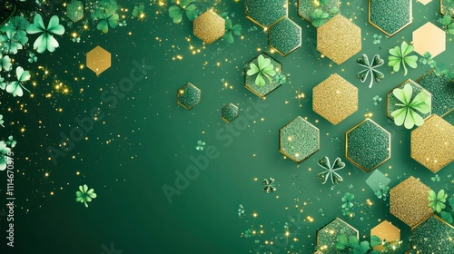 Bright green card with glitter-filled hexagons, gold flecks, and shamrocks for a cheerful St. Patricka??s Day look.