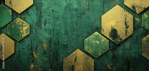 Bright green hexagons in gold glitter with grunge overlay on a forest green backdrop, ideal for festive invites.