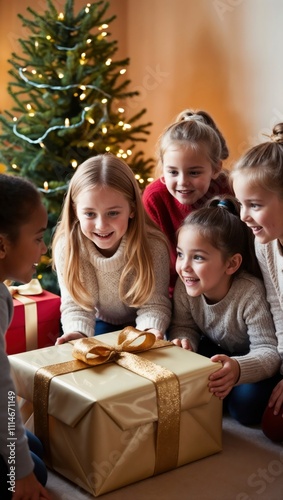 Joyful Children Unwrapping Christmas Gifts Together