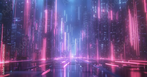 Neon lights illuminate a futuristic cityscape at night. Pink and blue hues create a vibrant, otherworldly atmosphere.