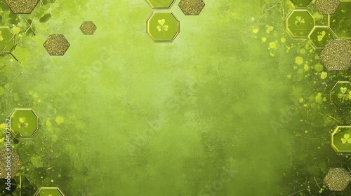 Bright lime green with hexagon glitter textures, gold clover icons, and a vintage-styled grunge background.