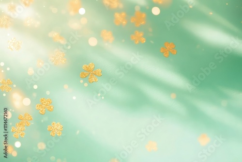 Bright mint green background with a subtle gold clover pattern and soft bokeh highlights for festive invitations.